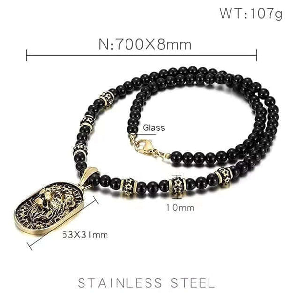 WARRIOR NECKWEAR - Pure Titanium Steel Lion Head Shield 18K Pvd Gold Plated Necklace with 8mm Black Onyx Beads 27inch Chain for Men & Boys