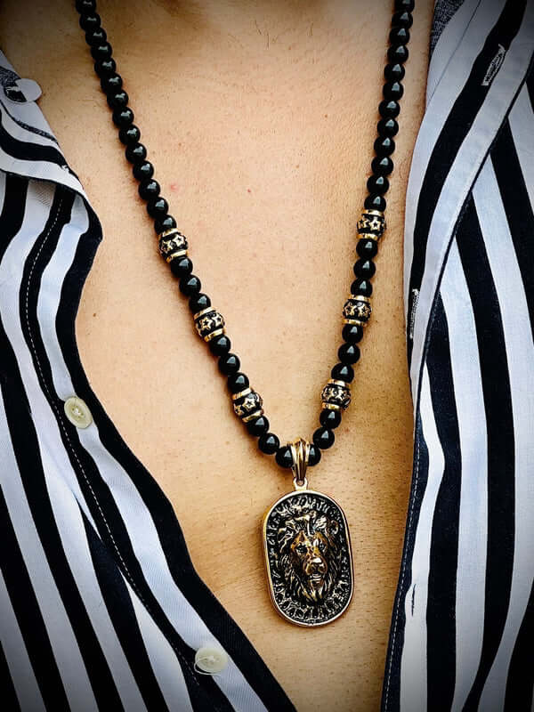WARRIOR NECKWEAR - Pure Titanium Steel Lion Head Shield 18K Pvd Gold Plated Necklace with 8mm Black Onyx Beads 27inch Chain for Men & Boys