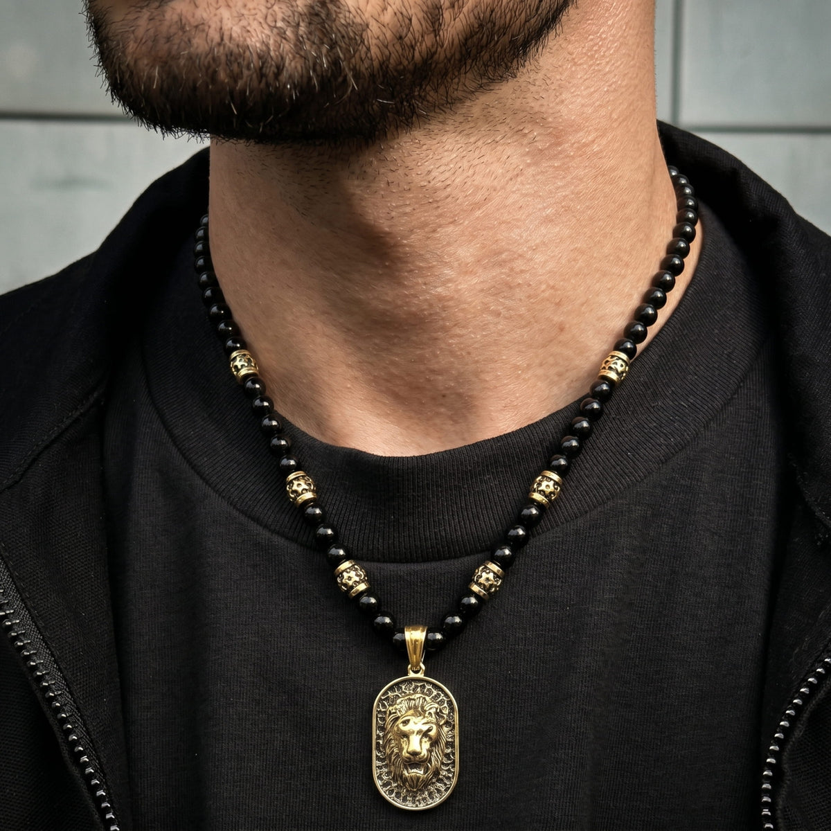 THE MEN THING SS Pendant with Chain WARRIOR NECKWEAR - Pure Titanium Steel Lion Head Shield 18K Pvd Gold Plated Necklace with 8mm Black Onyx Beads 27inch Chain for Men & Boys
