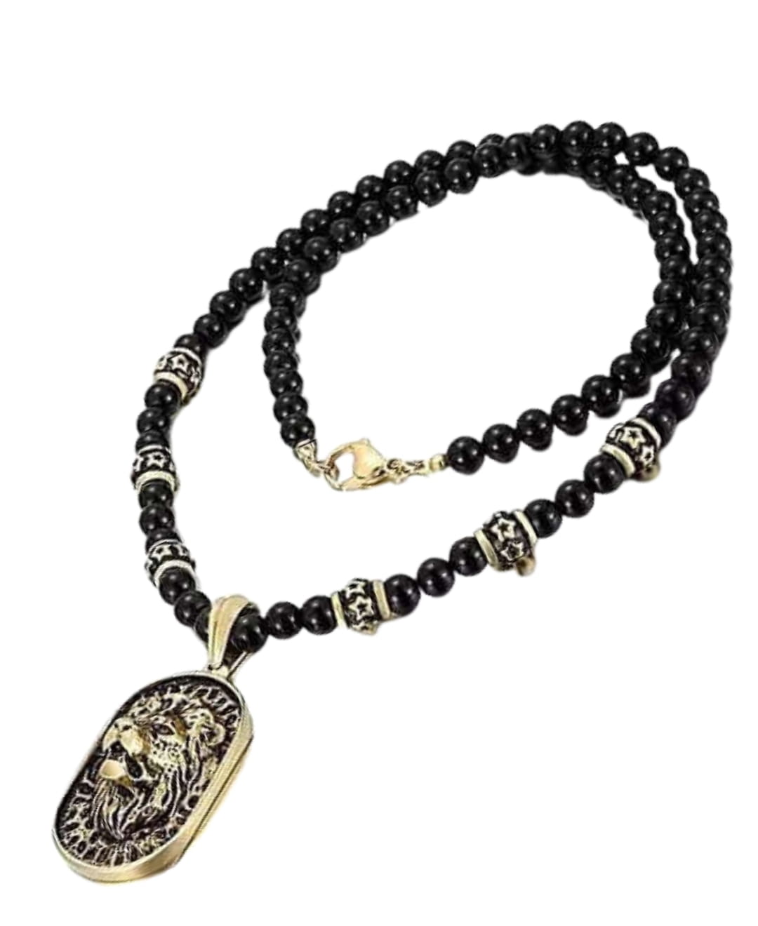 THE MEN THING SS Pendant with Chain WARRIOR NECKWEAR - Pure Titanium Steel Lion Head Shield 18K Pvd Gold Plated Necklace with 8mm Black Onyx Beads 27inch Chain for Men & Boys