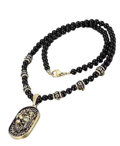 THE MEN THING SS Pendant with Chain WARRIOR NECKWEAR - Pure Titanium Steel Lion Head Shield 18K Pvd Gold Plated Necklace with 8mm Black Onyx Beads 27inch Chain for Men & Boys