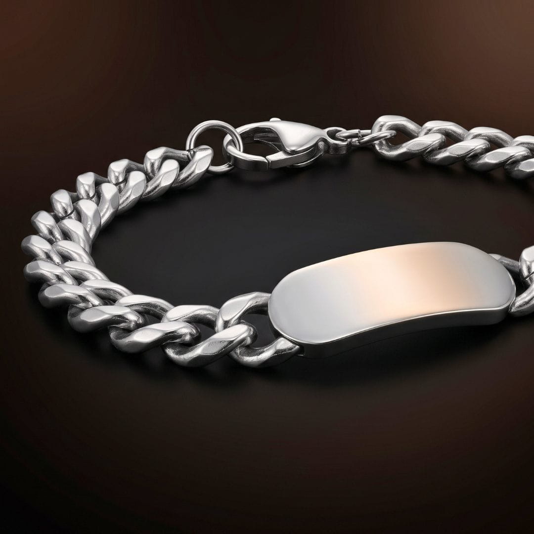 THE MEN THING Steel Bracelets ANCHOR TAG - Stainless Steel Bracelet, Silver - 8 inch with Lobster Claw for Men & Boys