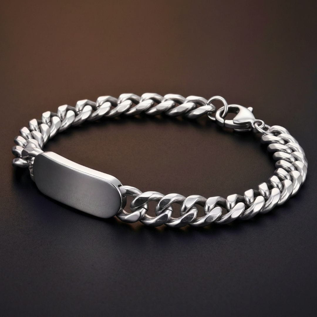 THE MEN THING Steel Bracelets ANCHOR TAG - Stainless Steel Bracelet, Silver - 8 inch with Lobster Claw for Men & Boys