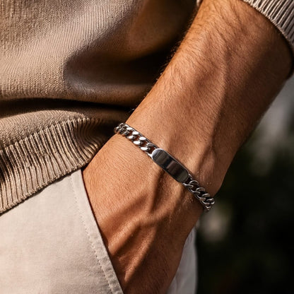 THE MEN THING Steel Bracelets ANCHOR TAG - Stainless Steel Bracelet, Silver - 8 inch with Lobster Claw for Men & Boys