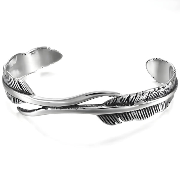 ARGENT FEATHER - Pure Stainless Steel Open Bangle Bracelet (Adjustable) for Men & Boys