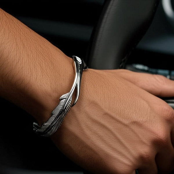 ARGENT FEATHER - Pure Stainless Steel Open Bangle Bracelet (Adjustable) for Men & Boys