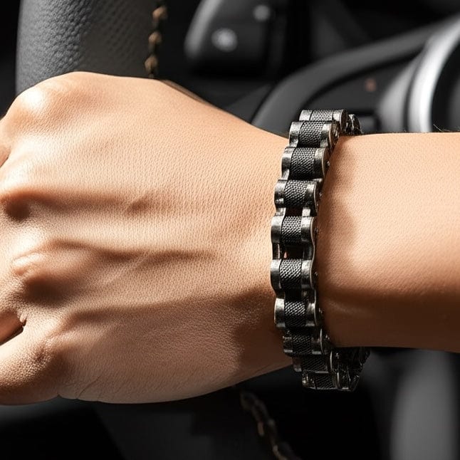 THE MEN THING Steel Bracelets BIKER CHAIN BRACELET - 13mm Pure Titanium Steel Bracelet, Black Plated Antique Matt Finish Bracelet for Men & Boy (8inch)