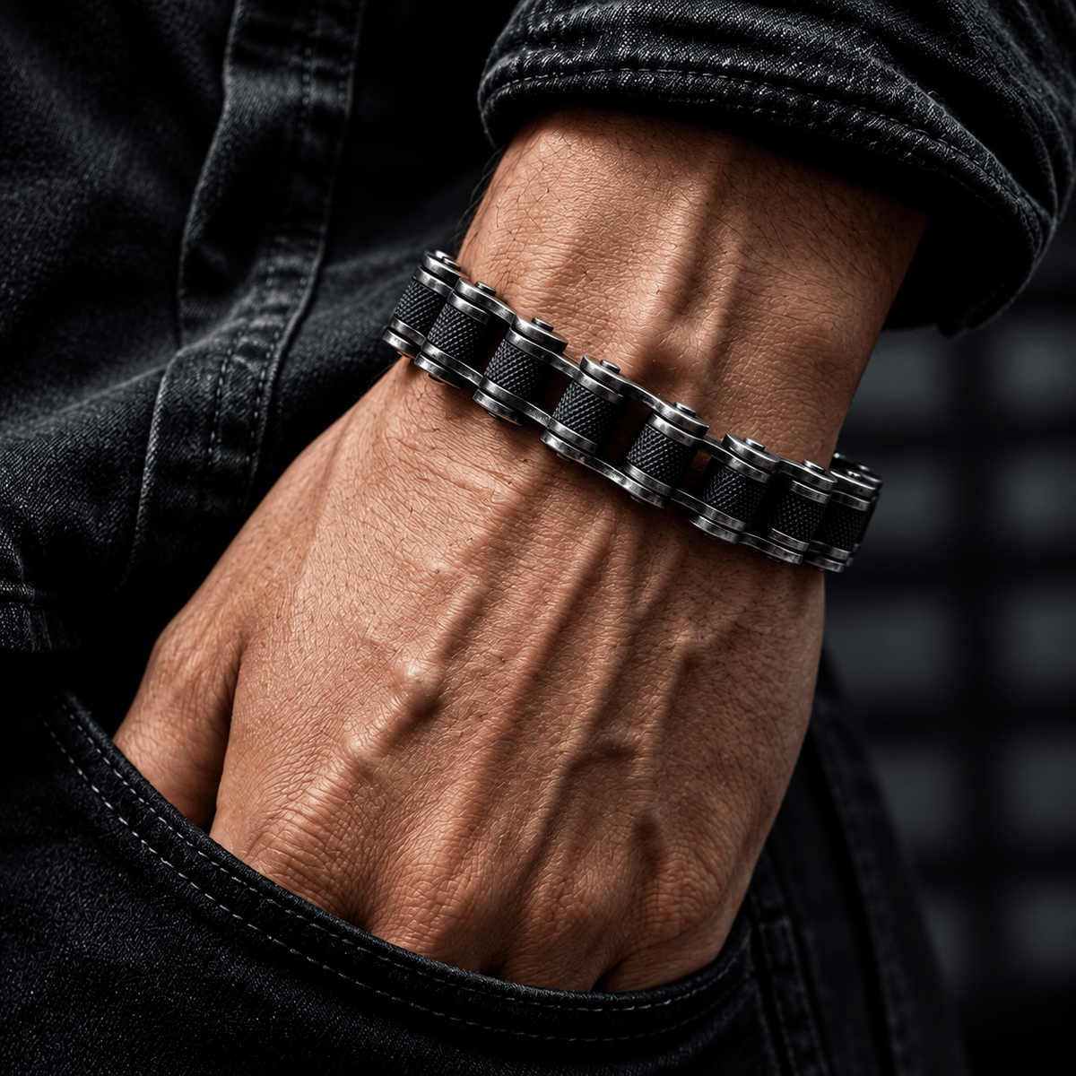 THE MEN THING Steel Bracelets BIKER CHAIN BRACELET - 13mm Pure Titanium Steel Bracelet, Black Plated Antique Matt Finish Bracelet for Men & Boy (8inch)