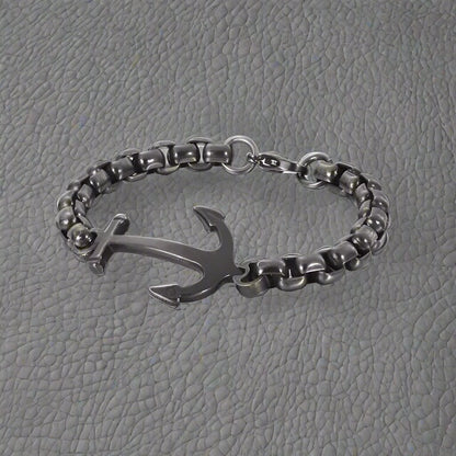 THE MEN THING Steel Bracelets BLACK ANCHOR BOLD BRACELET - 8mm Pure Black Titanium Stainless Steel Bracelet, Black Chain Bracelet for Men & Boy (8inch)