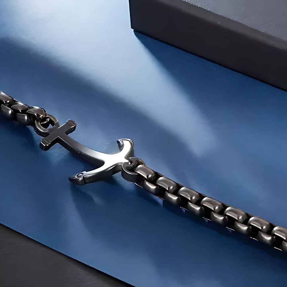 THE MEN THING Steel Bracelets BLACK ANCHOR BOLD BRACELET - 8mm Pure Black Titanium Stainless Steel Bracelet, Black Chain Bracelet for Men & Boy (8inch)