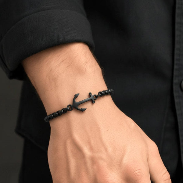 BLACK ANCHOR BOLD BRACELET - 8mm Pure Black Titanium Stainless Steel Bracelet, Black Chain Bracelet for Men & Boy (8inch)
