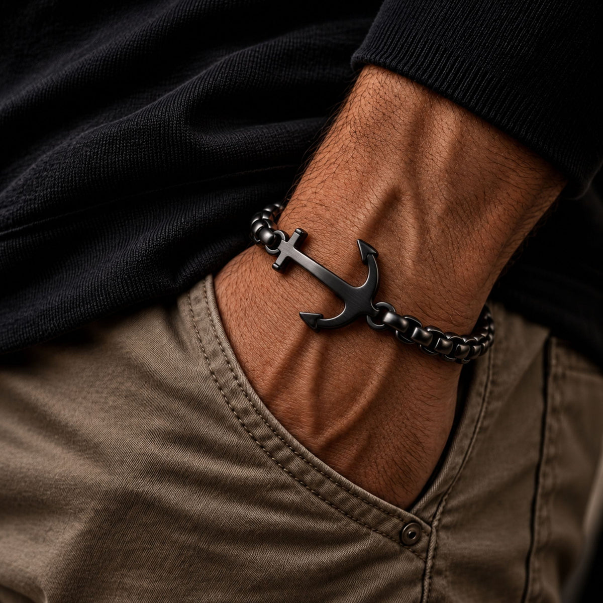THE MEN THING Steel Bracelets BLACK ANCHOR BOLD BRACELET - 8mm Pure Black Titanium Stainless Steel Bracelet, Black Chain Bracelet for Men & Boy (8inch)