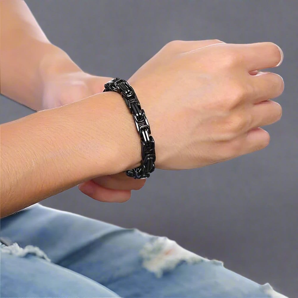 THE MEN THING Steel Bracelets BLACK GOTHIC CHAIN BRACELET - 8mm Pure Black Titanium Steel Bracelet with Push Button Clasp for Men & Boy (8 inch)