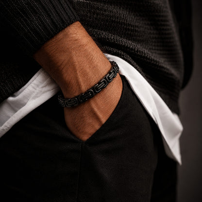 THE MEN THING Steel Bracelets BLACK GOTHIC CHAIN BRACELET - 8mm Pure Black Titanium Steel Bracelet with Push Button Clasp for Men & Boy (8 inch)