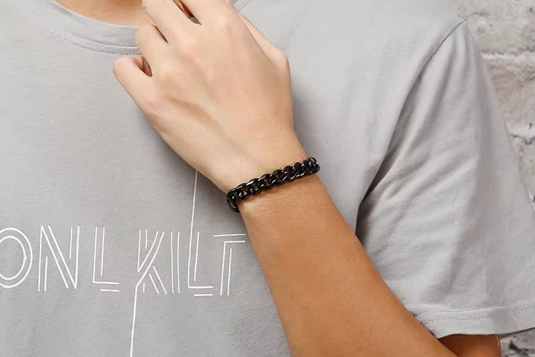 THE MEN THING Steel Bracelets BLACK STEEL UBAN BRACELET - 10mm Pure Black Titanium Steel Bracelet with Magnetic Buckle for Men & Boy (8 inch)