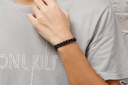 THE MEN THING Steel Bracelets BLACK STEEL UBAN BRACELET - 10mm Pure Black Titanium Steel Bracelet with Magnetic Buckle for Men & Boy (8 inch)