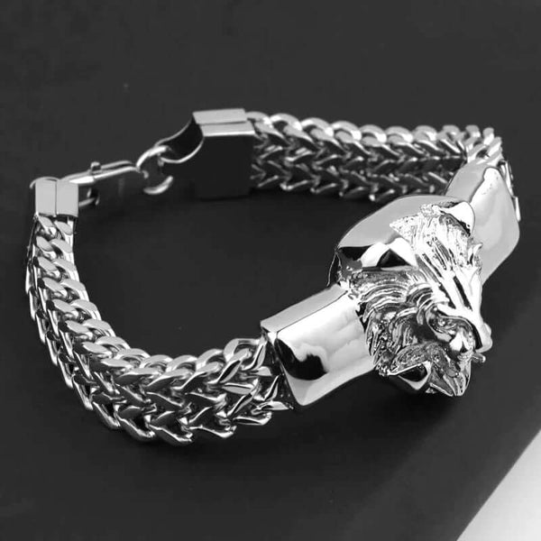 DOUBLE FRANCO LION - Heavy 12mm Pure Stainless Steel Chain with Alloy Lion Head Bracelet for Men & Boys (10 inch)