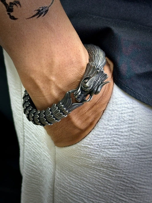 THE MEN THING Steel Bracelets DRAGON SCALE - 13mm Pure Titanium Steel Bracelet, Black Plated Antique Matt Finish Bracelet for Men & Boy (8inch)