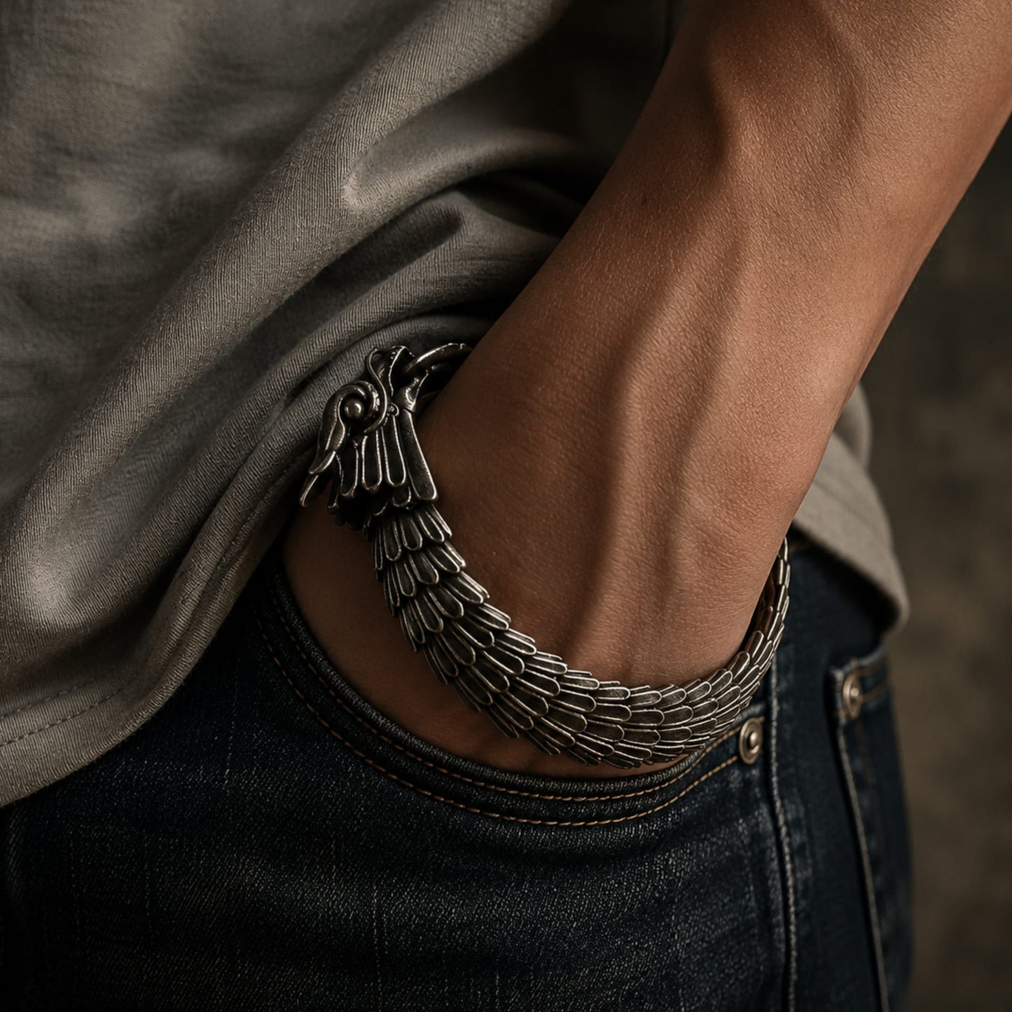 THE MEN THING Steel Bracelets DRAGON SCALE - 13mm Pure Titanium Steel Bracelet, Black Plated Antique Matt Finish Bracelet for Men & Boy (8inch)