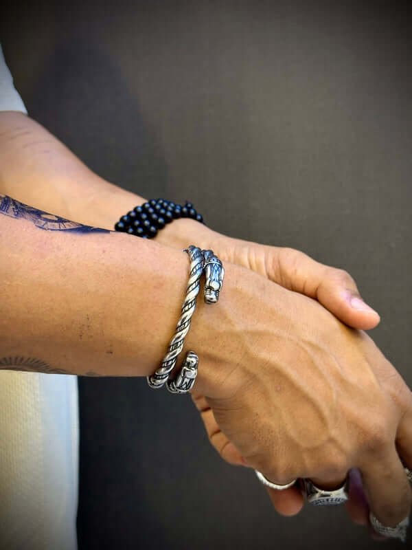 DRAGRONIX - पुरुषों के लिए टाइटेनियम ब्रेसलेट - पुरुषों और लड़कों के लिए नॉर्स गॉड ओडिन वुल्फ हेड्स