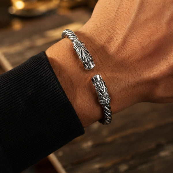 DRAGRONIX - Titanium Bracelet for Men - Norse God Odin Wolf Heads for Men & Boys