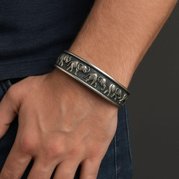 ELEPHANT GRACE - Pure Stainless Steel Open Bangle Bracelet (Adjustable) for Men & Boys
