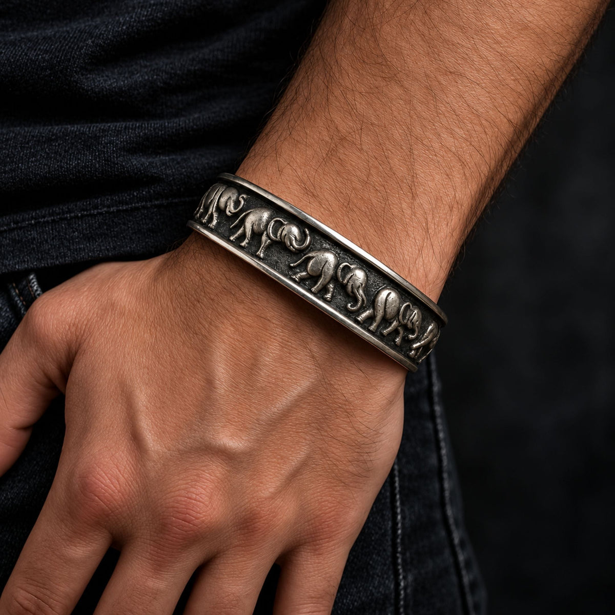 THE MEN THING Steel Bracelets ELEPHANT GRACE - Pure Stainless Steel Open Bangle Bracelet (Adjustable) for Men & Boys