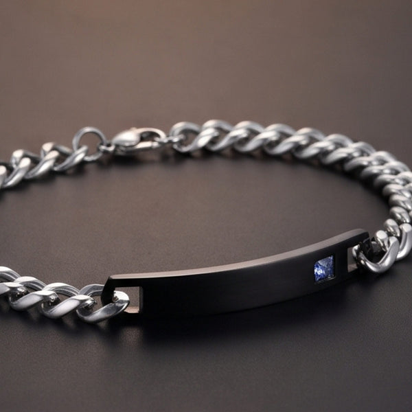 ENGRAVED - COBALT LINK - 7mm Pure Stainless Steel  Bracelet with Lobster Claw Buckle for Men & Boys (9 inch )