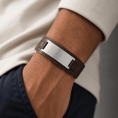 THE MEN THING Steel Bracelets ENGRAVED - DARKMATTER STRAP SILVER - Genuine Braided Leather Bracelet Set for Men & Boys (8 inch)