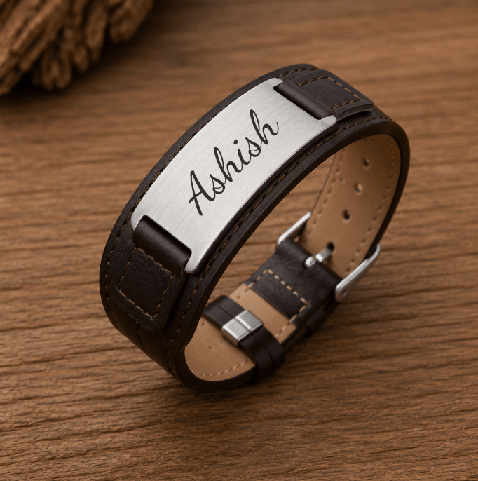THE MEN THING Steel Bracelets ENGRAVED - DARKMATTER STRAP SILVER - Genuine Braided Leather Bracelet Set for Men & Boys (8 inch)