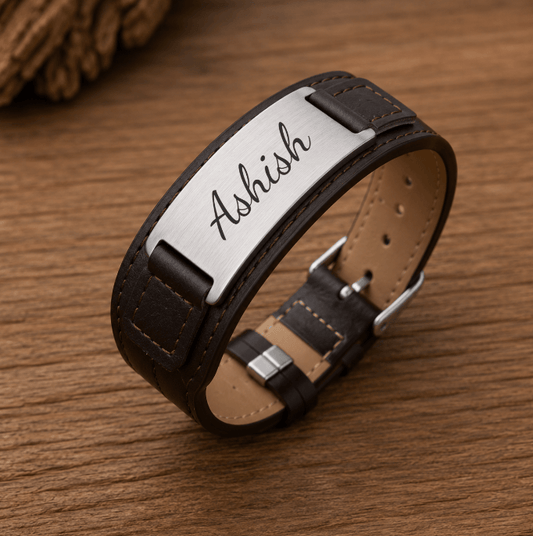 THE MEN THING Steel Bracelets ENGRAVED - DARKMATTER STRAP SILVER - Genuine Braided Leather Bracelet Set for Men & Boys (8 inch)
