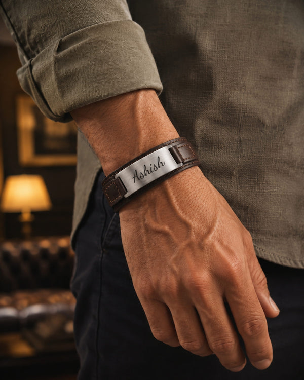 ENGRAVED - DARKMATTER STRAP SILVER - Genuine Braided Leather Bracelet Set for Men & Boys (8 inch)