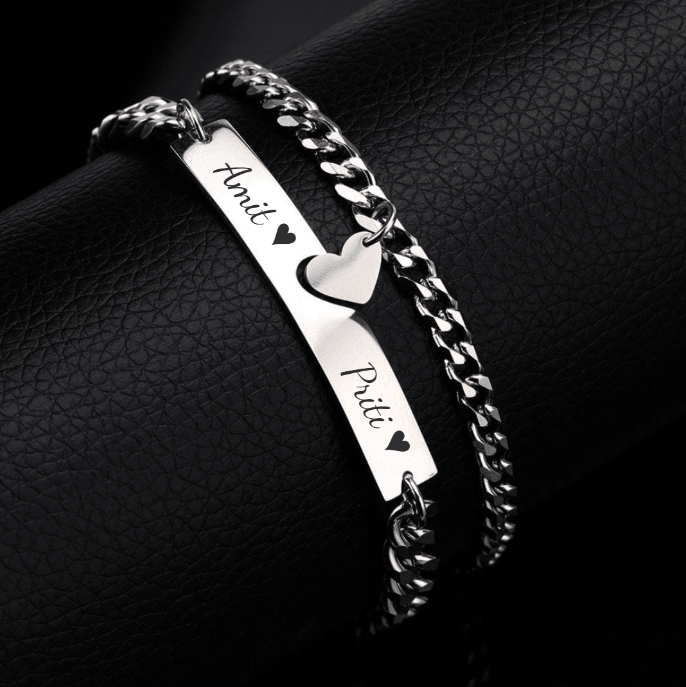 THE MEN THING Steel Bracelets ENGRAVED - LUXE HEART LINK - Pure Titanium Steel Adjustable Bracelet for Men & Boys