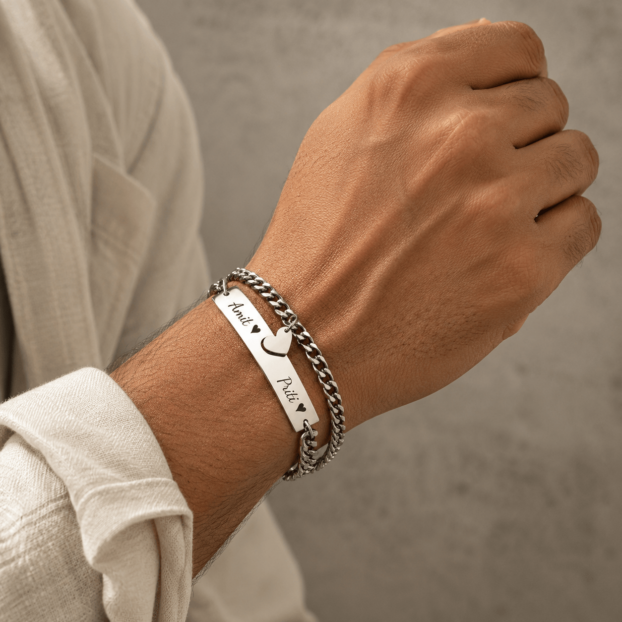 THE MEN THING Steel Bracelets ENGRAVED - LUXE HEART LINK - Pure Titanium Steel Adjustable Bracelet for Men & Boys