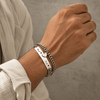THE MEN THING Steel Bracelets ENGRAVED - LUXE HEART LINK - Pure Titanium Steel Adjustable Bracelet for Men & Boys
