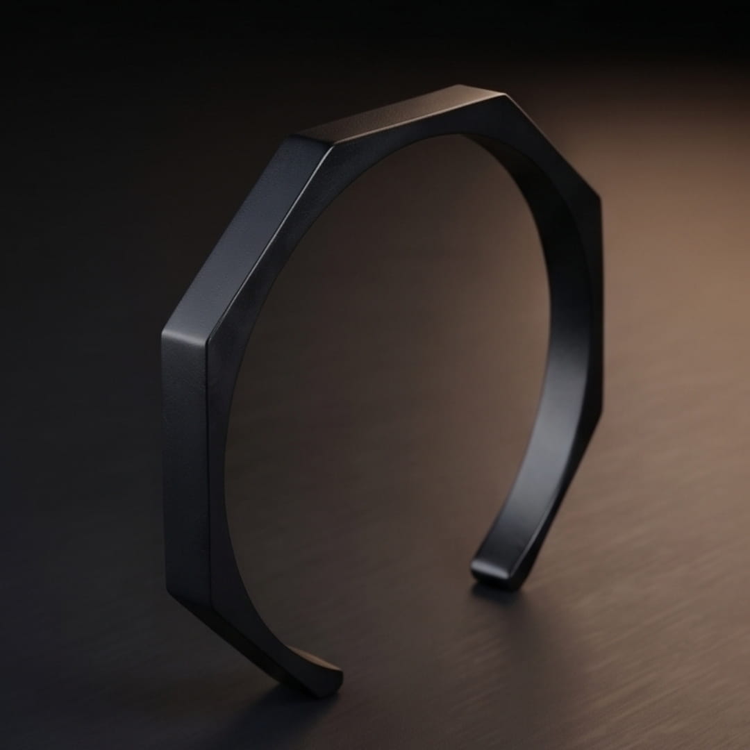 THE MEN THING Steel Bracelets ENGRAVED - ONYX HEX CUFF - Pure Stainless Steel Open Bangle Bracelet for Men & Boys