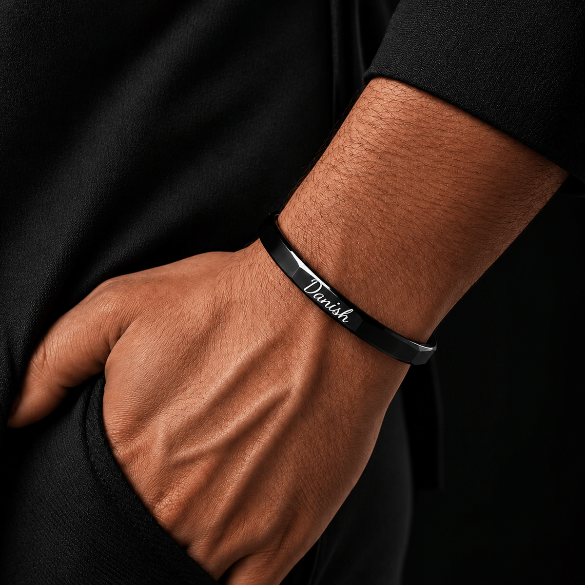 THE MEN THING Steel Bracelets ENGRAVED - ONYX HEX CUFF - Pure Stainless Steel Open Bangle Bracelet for Men & Boys