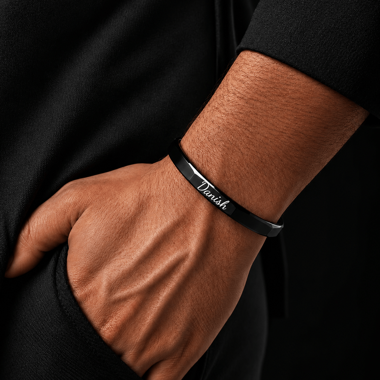THE MEN THING Steel Bracelets ENGRAVED - ONYX HEX CUFF - Pure Stainless Steel Open Bangle Bracelet for Men & Boys