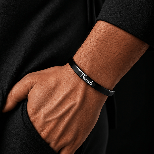 ENGRAVED - ONYX HEX CUFF - Pure Stainless Steel Open Bangle Bracelet for Men & Boys