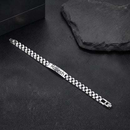 THE MEN THING Steel Bracelets ENGRAVED - PRIME AXIS - 10mm Pure Stainless Steel  Bracelet with Fold-Over Clasp for Men & Boys (9 inch )