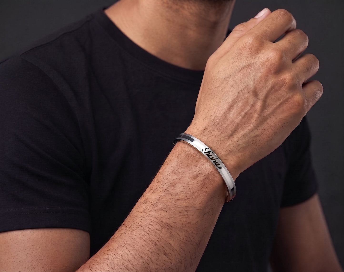 THE MEN THING Steel Bracelets ENGRAVED - SILVER TRACK - Pure Stainless Steel Bangle, Silver Color (8 inch) for Men & Boys