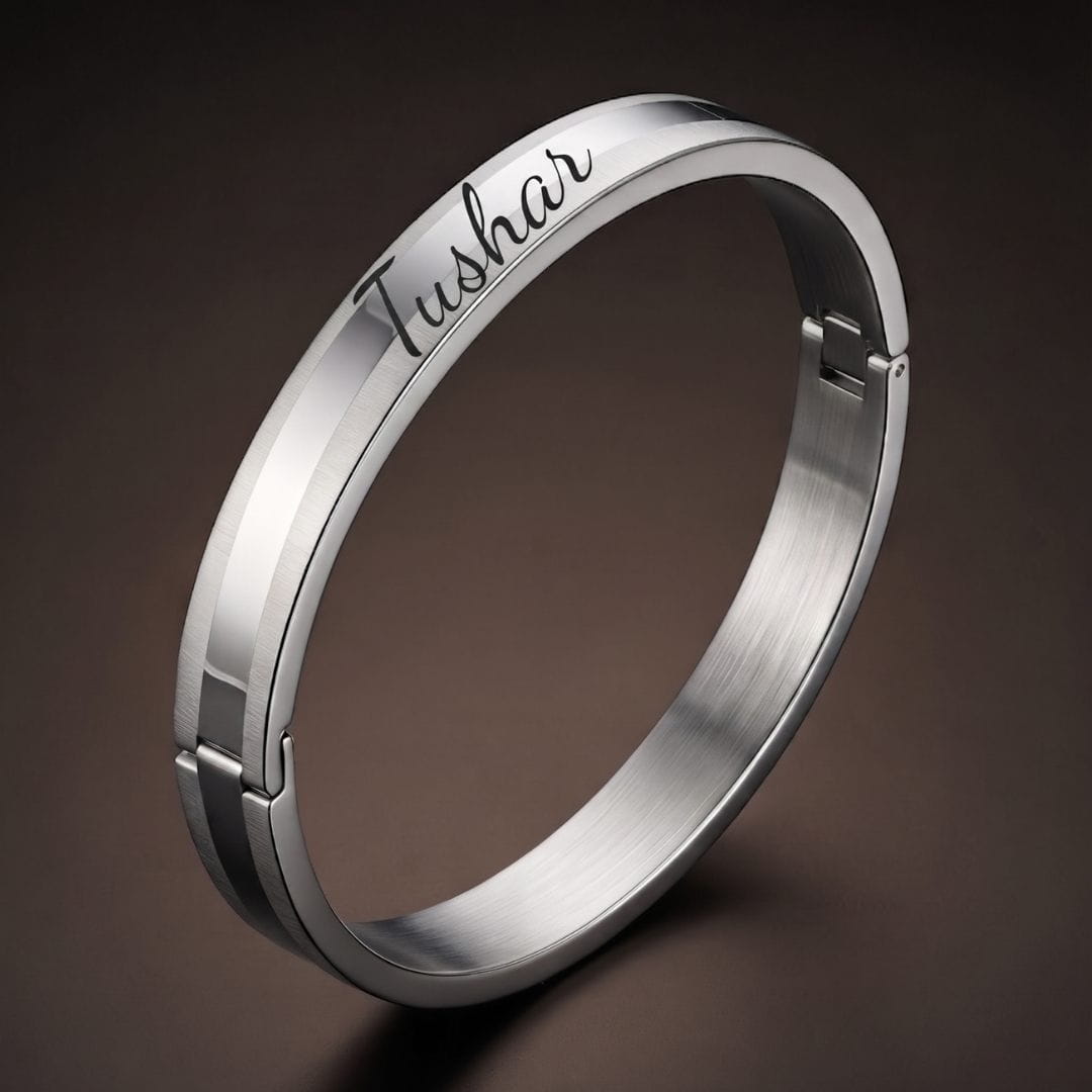 THE MEN THING Steel Bracelets ENGRAVED - SILVER TRACK - Pure Stainless Steel Bangle, Silver Color (8 inch) for Men & Boys