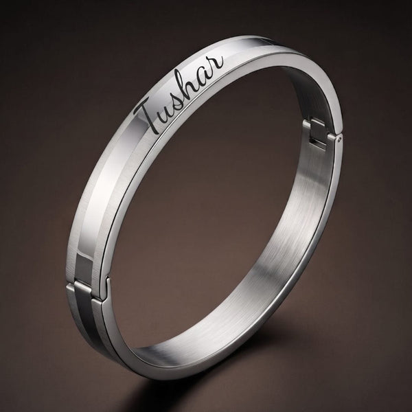 ENGRAVED - SILVER TRACK - Pure Stainless Steel Bangle, Silver Color (8 inch) for Men & Boys
