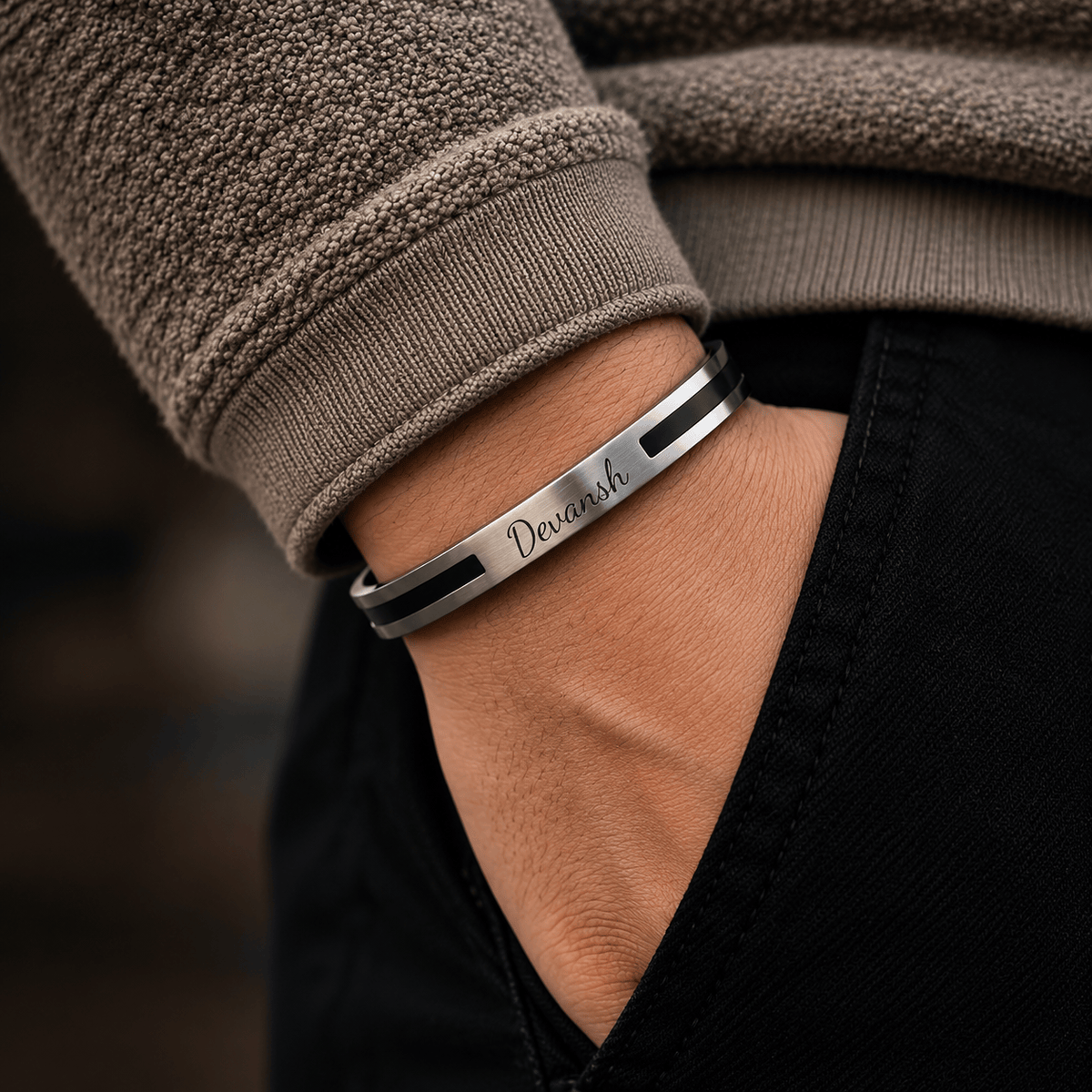 THE MEN THING Steel Bracelets ENGRAVED - STOIC SILVER - "6.5"mm Pure Stainless Steel Open Bangle Bracelet (Adjustable) for Men & Boys