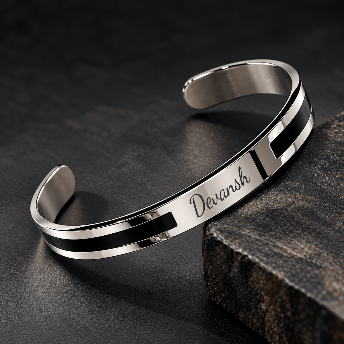 THE MEN THING Steel Bracelets ENGRAVED - STOIC SILVER - "6.5"mm Pure Stainless Steel Open Bangle Bracelet (Adjustable) for Men & Boys