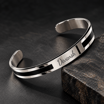 THE MEN THING Steel Bracelets ENGRAVED - STOIC SILVER - "6.5"mm Pure Stainless Steel Open Bangle Bracelet (Adjustable) for Men & Boys