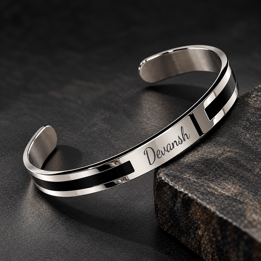 THE MEN THING Steel Bracelets ENGRAVED - STOIC SILVER - "6.5"mm Pure Stainless Steel Open Bangle Bracelet (Adjustable) for Men & Boys