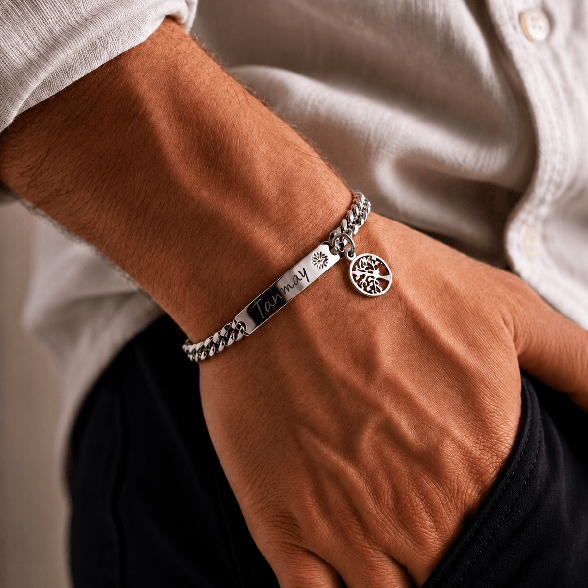 THE MEN THING Steel Bracelets ENGRAVED - TREE CHARM STEEL - 8mm Pure Titanium Steel Bracelet with Lobster Clasp for Men & Boy (8-9 inch)