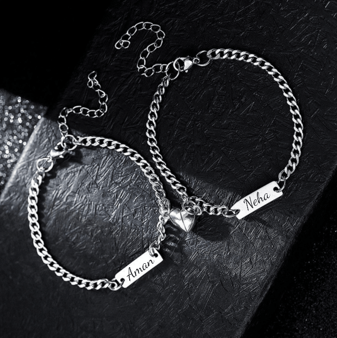 THE MEN THING Steel Bracelets ENGRAVED - TWIN HEART MAGNET - Pure Stainless Steel with Lobster Clasp for Couples Bracelet  (8inch)