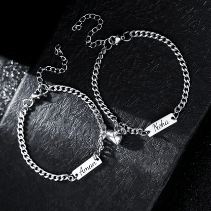 THE MEN THING Steel Bracelets ENGRAVED - TWIN HEART MAGNET - Pure Stainless Steel with Lobster Clasp for Couples Bracelet  (8inch)